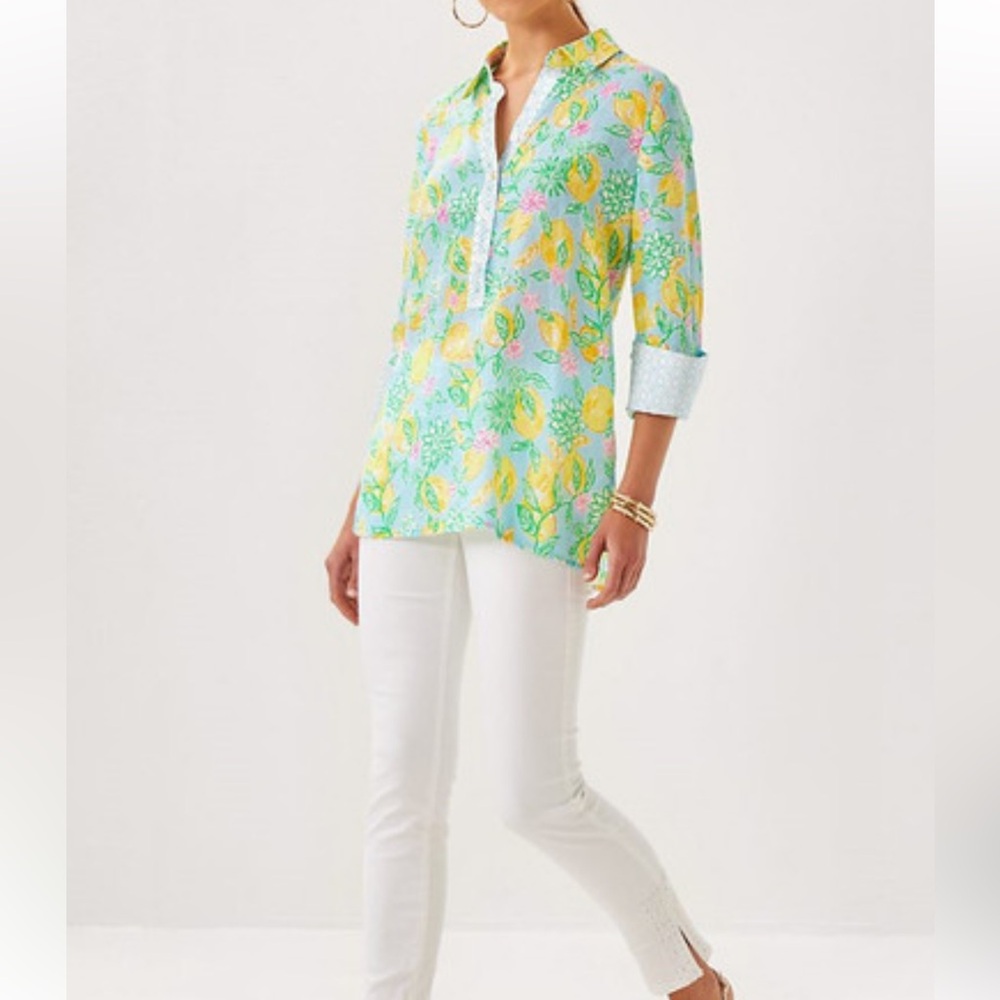 Lilly Pulitzer Sz XXS Riverlyn Pieced Print Tunic Bluette Make Lemonade in Linen - Picture 3 of 12